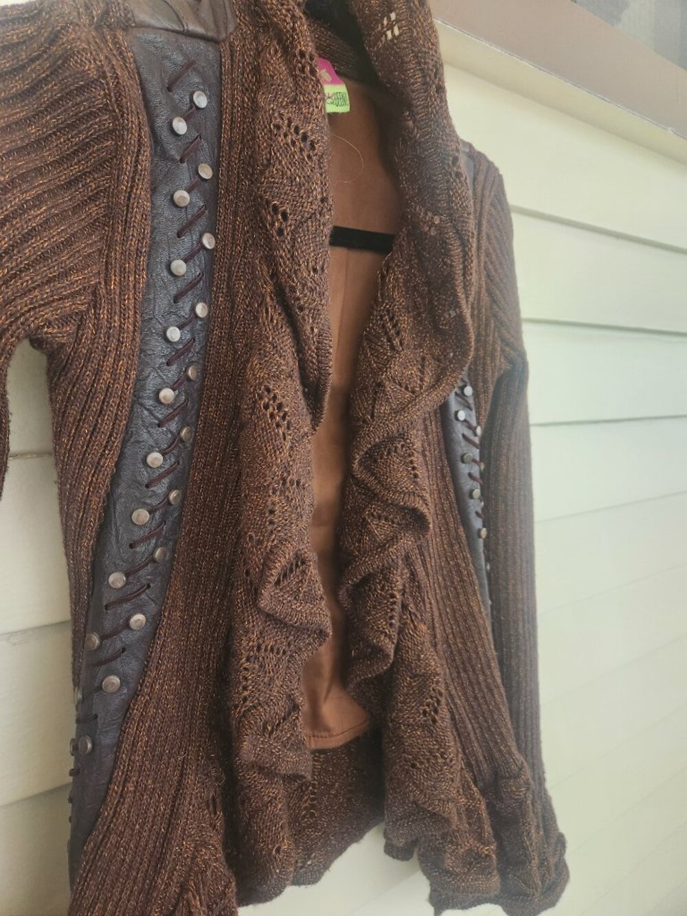 Save The Queen Knit Hooded Cardigan Sweater Brown Wool Blend S EUC - Picture 5 of 13